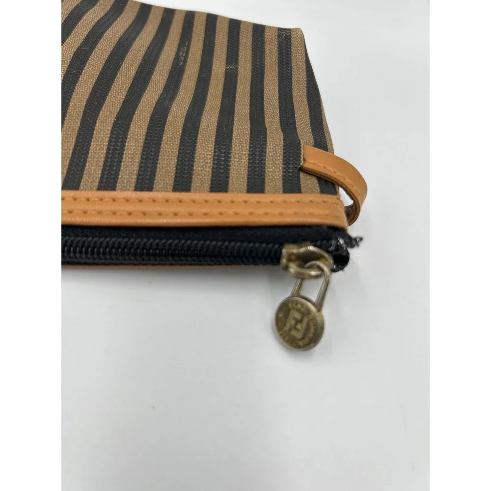 Fendi Pequin Striped Canvas Leather Cosmetic Pouch Bag Brown Black Vintage Italy